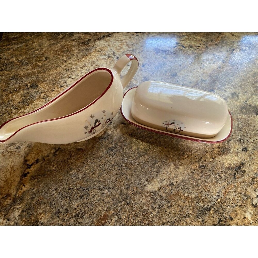 Royal Seasons Snowmen Gravy Boat And Butter Keeper Stoneware Holiday Set